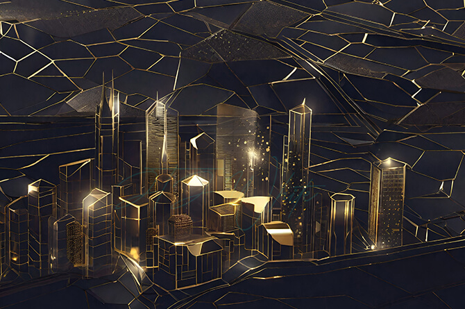 artwork of a city made of gold. This piece is from the Gold City Collection of the City Series by JTJ White