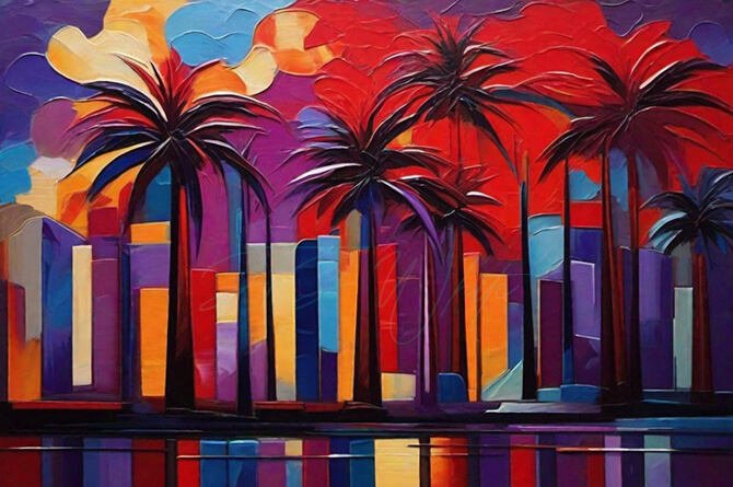 artwork of a city skyline in the tropics. This piece is in the Collection of Tropic City Collection in the City Series by JTJ White