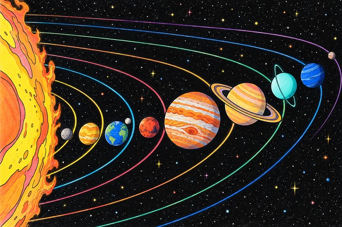 The planets of the solar system arranged along glowing orbital paths
