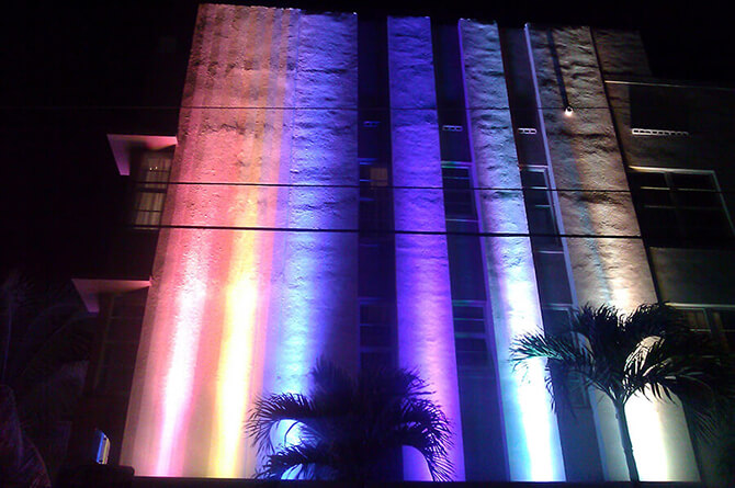 Miami Beach building with different color lights